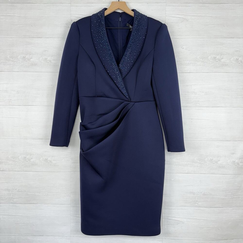 Badgley Mischka Rhinestone Collar Suit Dress Size 12 Navy Blue Professional $495